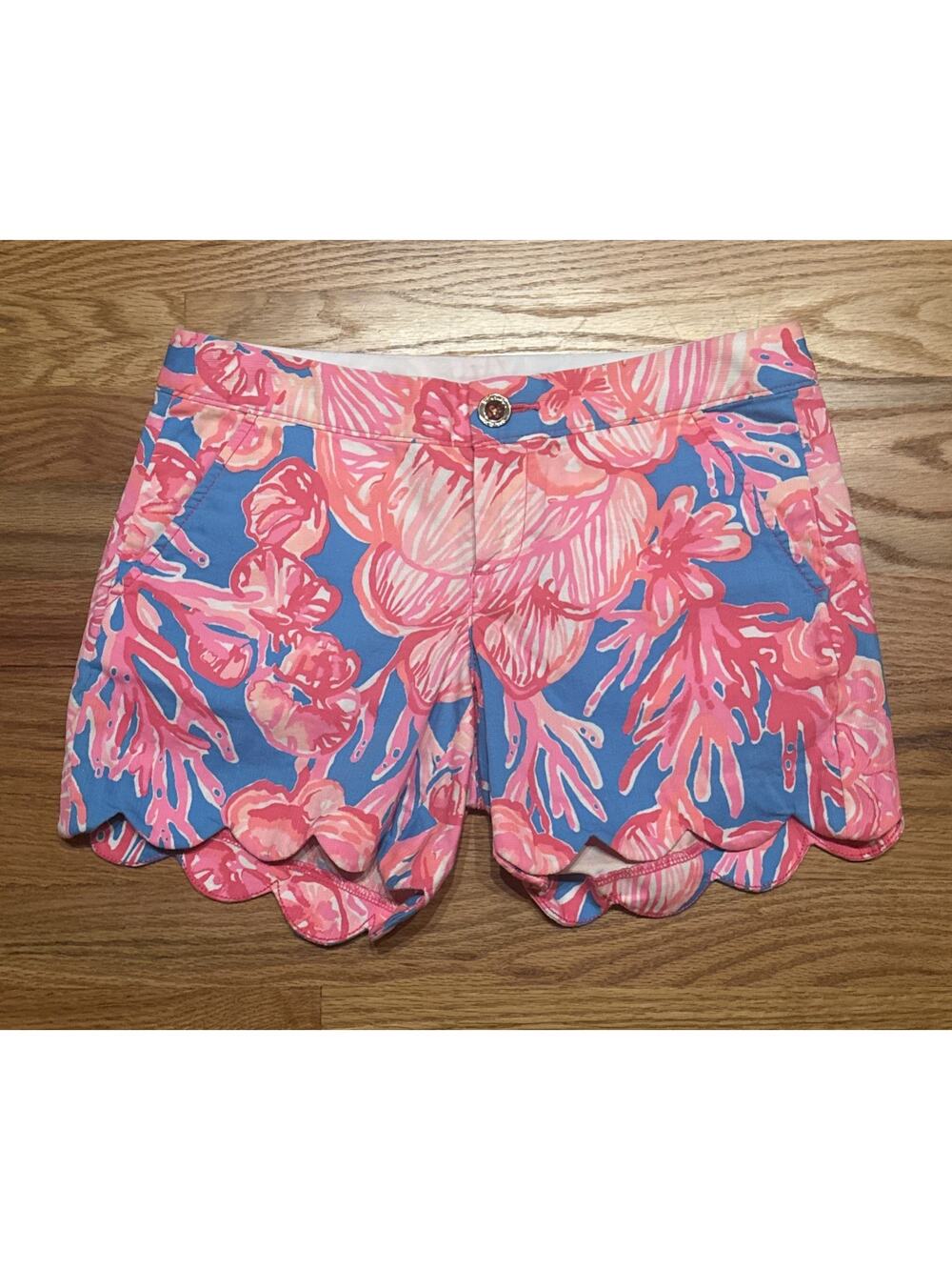 Lilly Pulitzer Pink Blue Sea Print The Buttercup Scalloped Womens Shorts Size 00